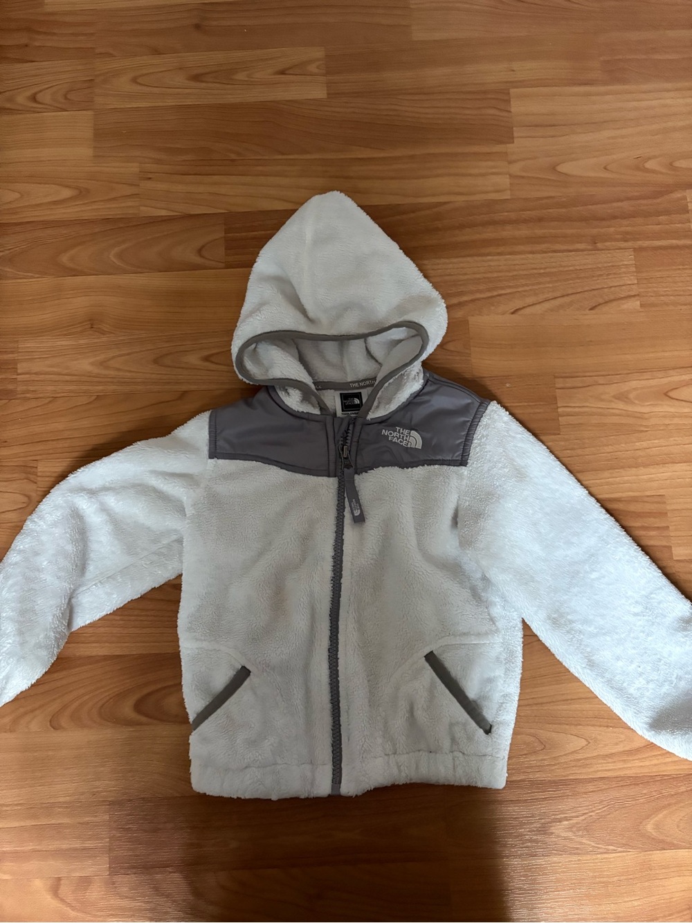 The North Face Kids' White Hooded Fleece Jacket with Gray Yoke